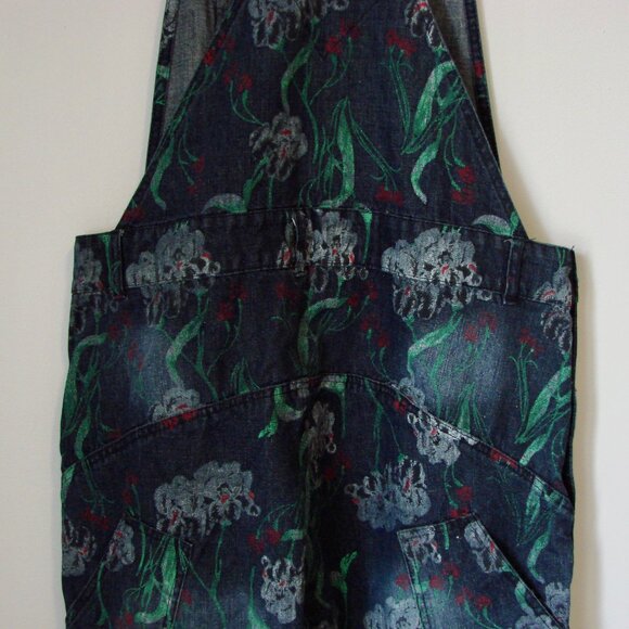 Denim Jean Overalls Japanese Floral Artsy Distressed Carpenter Loose Fit Large - Picture 14 of 16